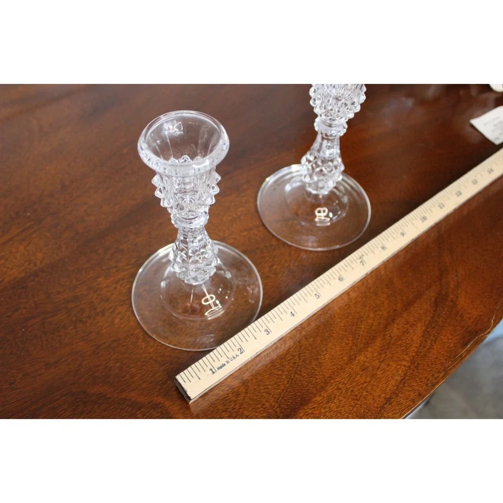 pair of Vintage clear pressed diamond-cut candlestick holder